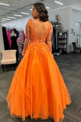 Long Orange Prom Dress with Appliques 鈥?Deep V-Neck Tulle Princess Style