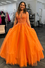 Long Orange Prom Dress with Appliques 鈥?Deep V-Neck Tulle Princess Style