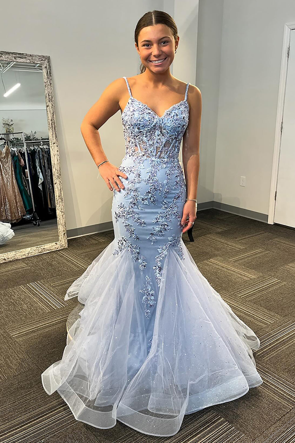 Long Corset Prom Dress in Light Blue with Mermaid Silhouette and Spaghetti Straps Featuring Appliques