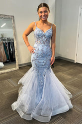 Long Corset Prom Dress in Light Blue with Mermaid Silhouette and Spaghetti Straps Featuring Appliques