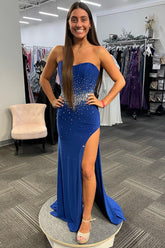 Long Beaded Royal Blue Mermaid Prom Dress with Sweetheart Neckline and Slit
