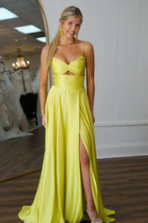 Long A-Line Satin Prom Dress with Yellow Spaghetti Straps and Slit