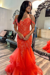 Long Tiered Mermaid Prom Dress in Orange with Off-Shoulder Corset and Appliques