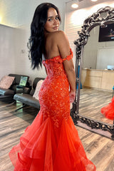 Long Tiered Mermaid Prom Dress in Orange with Off-Shoulder Corset and Appliques