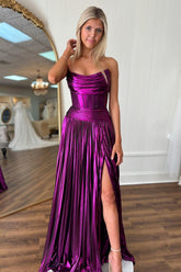 Metallic Dark Purple A-Line Long Corset Prom Dress with Pleats Strapless and Slit