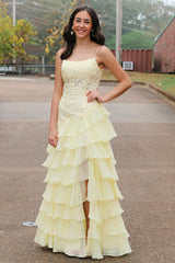 Long Chiffon Prom Dress with Sparkly Red Spaghetti Straps Tiered Layers and Appliques