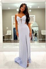 Lilac Glitter Mermaid Prom Dress with Beaded Spaghetti Straps Cut-out Design and Long Slit