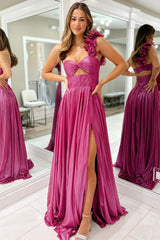 Metallic Fuchsia Long Prom Dress with One Shoulder and A-Line Slit