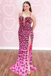 Long Prom Dress with Slit in Glitter Hot Pink Leopard Print Corset Sheath