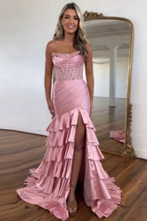 Satin Mermaid Prom Dress with Sequins in Blush - Strapless and Tiered