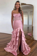Long Satin Prom Dress in Lilac with Strapless Mermaid Silhouette and Tiered Slit