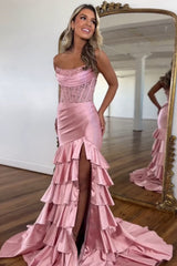 Long Satin Prom Dress in Lilac with Strapless Mermaid Silhouette and Tiered Slit