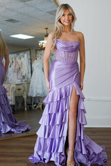 Long Satin Prom Dress in Lilac with Strapless Mermaid Silhouette and Tiered Slit