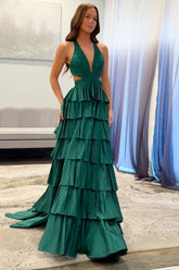 Beaded Emerald Green Prom Dress with Sparkly Corset and Tiered A-Line Slit