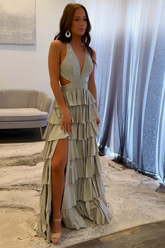 Grey Sparkle Corset A-Line Beaded Prom Gown with Tiered Skirt and Slit