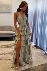 Grey Sparkle Corset A-Line Beaded Prom Gown with Tiered Skirt and Slit