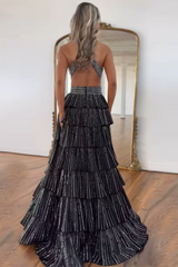 Long Black Beaded Corset Prom Dress with Sparkly A-Line and Slit