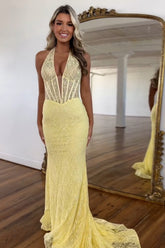 Long Mermaid Prom Dress with Yellow Lace Halter Neck Corset