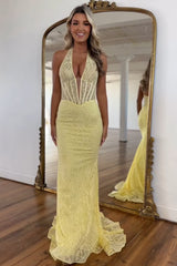 Long Mermaid Prom Dress with Yellow Lace Halter Neck Corset