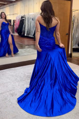 Long Satin Prom Corset Dress with Beading in Royal Blue Mermaid Sweetheart Style