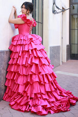 Long Fuchsia Corset Prom Dress with Off-Shoulder Ruffles and Tiered A-Line Satin