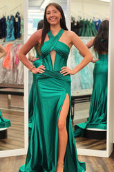 Long Dark Green Mermaid Satin Prom Dress with Halter Neck and Slit