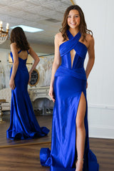 Long Dark Green Mermaid Satin Prom Dress with Halter Neck and Slit