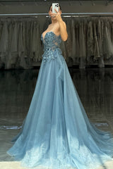 Sweetheart A-Line Long Prom Dress in Sparkly Grey Blue Tulle with Corset and Appliques
