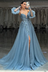 Sweetheart A-Line Long Prom Dress in Sparkly Grey Blue Tulle with Corset and Appliques