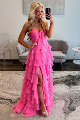 Sweetheart A-Line Long Prom Dress in Hot Pink with Chiffon Ruffles and Slit