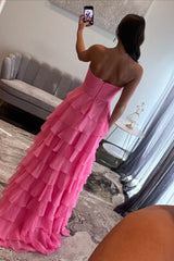 Sweetheart A-Line Long Prom Dress in Hot Pink with Chiffon Ruffles and Slit