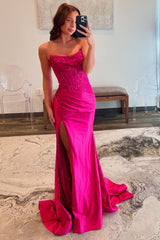 Fuchsia Mermaid Corset Prom Dress with Sparkly Sequins Strapless and Long in Satin