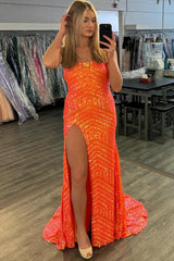 Long Prom Dress with Sparkly Orange Mermaid Sequins and Slit