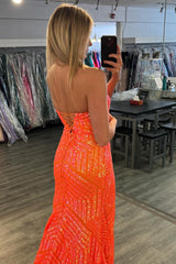 Long Prom Dress with Sparkly Orange Mermaid Sequins and Slit