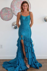 Long Tiered Prom Dress with Sparkly Blue Beaded Meramid Design and Slit
