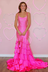 Long Tiered Prom Dress with Sparkly Blue Beaded Meramid Design and Slit