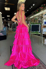 Fuchsia Glitter Long Prom Dress with Beaded Ruffles Spaghetti Straps and a Slit
