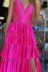 Fuchsia Glitter Long Prom Dress with Beaded Ruffles Spaghetti Straps and a Slit