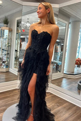 Long Corset Prom Dress in Black with Sweetheart A-Line Tulle Tiered Design and Appliques