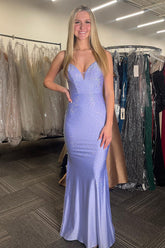 Long Beaded Prom Dress with Lilac Glitter and Mermaid Slit in Spaghetti Straps