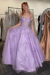 Long A-Line Prom Dress in Lilac with Spaghetti Straps and Tulle Appliques