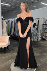 Long Satin Corset Prom Dress in Black with Feather and Mermaid Off-Shoulder Design