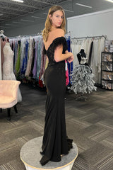 Long Satin Corset Prom Dress in Black with Feather and Mermaid Off-Shoulder Design