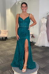 Emerald Green Glitter Mermaid Prom Dress with Spaghetti Straps and Long Slit
