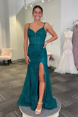 Emerald Green Glitter Mermaid Prom Dress with Spaghetti Straps and Long Slit
