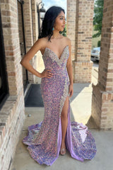 Long Lilac Mermaid Prom Dress with Sparkly Sweetheart Sequins and Beading