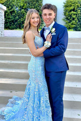 Long Corset Prom Dress with Blue Spaghetti Straps and Mermaid Sequins Applique