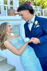 Long Corset Prom Dress with Blue Spaghetti Straps and Mermaid Sequins Applique