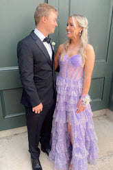 Lilac Sparkle Princess Corset Prom Dress with Tulle Tiers and Spaghetti Straps