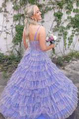 Lilac Sparkle Princess Corset Prom Dress with Tulle Tiers and Spaghetti Straps